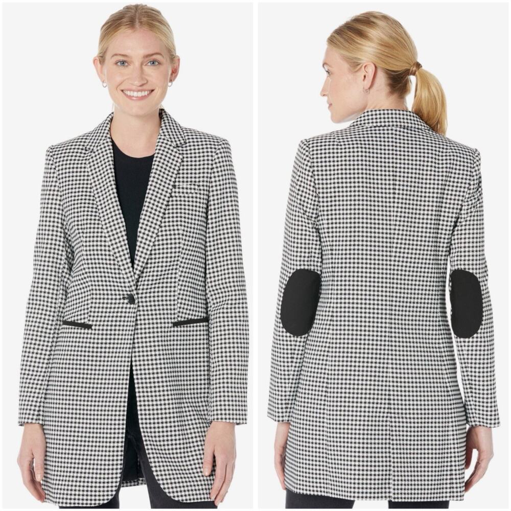 NWOT Tommy Hilfiger Houndstooth Blazer Black White Elbow Patch Size 12